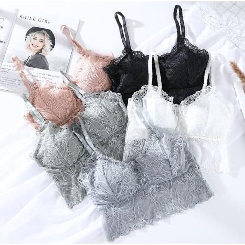 Women Camisoles Fashion Wireless Padded Bralette Sexy Wild Deep V-neck Solid Cami Embroidery Hollow Floral Tank Top