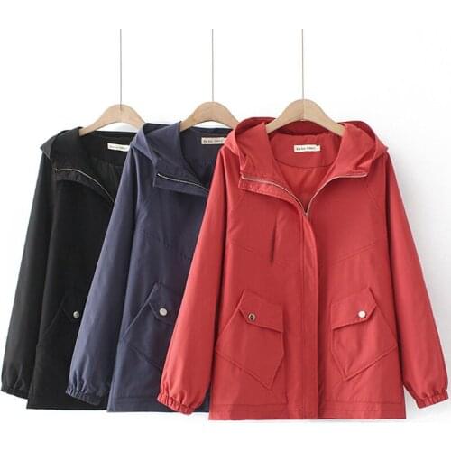 Plus Size Womens Short Trench Coat 2021 Autumn Korean Loose All-Match Tooling Hooded Windbreaker Casual Outerwear Spring M500