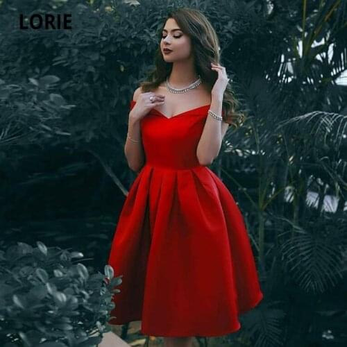 LORIE Vintage Prom Dresses Red Off Shoulder Ruffles A-Line Satin Short Wedding Party Gown Robes de cocktail Dresses for Teens