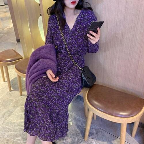 Women Dresses Womens Purple Floral Fishtail Dress Spring And Autumn V-neck Chiffon Fairy Vestido De Mujer Femme Robe