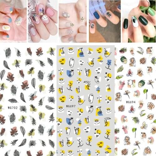 10Pcs Abstract Character Nail Art Sticker Leaf Graffiti Nail Sticker Cherry Nail Slider Love Heart Black and White Nail Art Deco