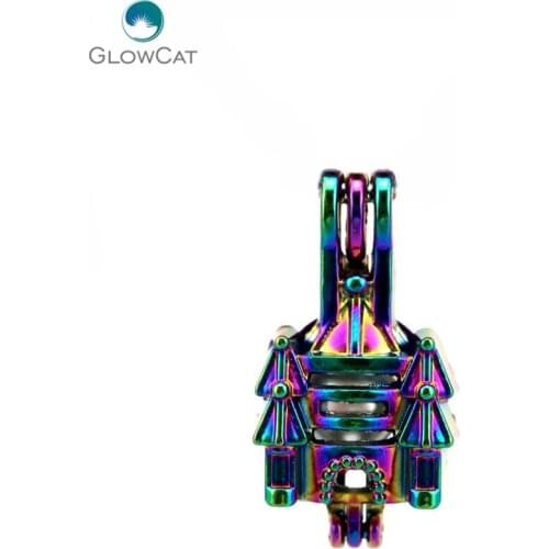 C404 5pcs/lot Rainbow Color 23mm Princess Build Castle Cage Pendant Pearl Locket Fairytale Party Essential Oil Diffuser