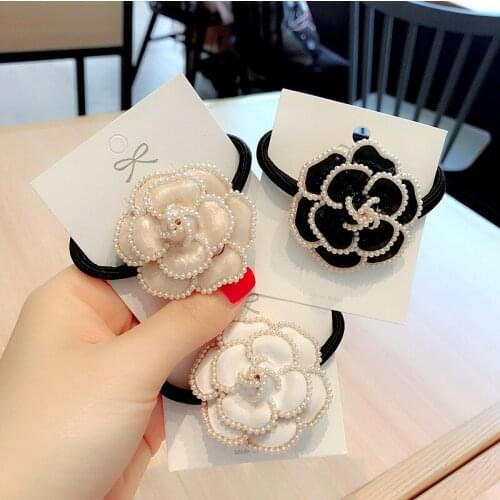 Camellia Pearl Crystal Print Elastic Hair Bands Elegant Hair Accessories For Girls Rubber Band Gum For Hair Tie For Women