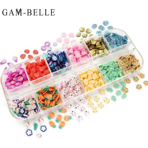 GAM-BELLE 12 Grids/Box Polymer Clay Slices Nail Sequins Rabbit Easter Eggs Mixed Tiny Slice Sticker Nail Art Decoration Manicure