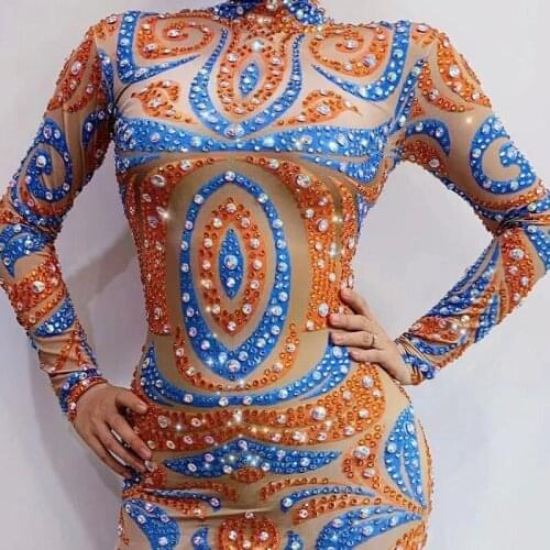 Orange Blue Rhinestones Spandex Jumpsuit Jazz Birthday Party Rave Outfit Anniversary Costume Stage Performance