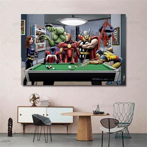 Marvel Collage Superheroes Graffiti Watercolor Canvas Painting Cross the Road Play Billiards Wall Art Pictures for Room Decor