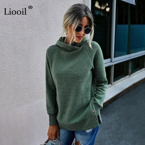 Liooil Casual Loose Hooded Sweatshirt Women 2020 Long Sleeve Button Slit Black Gray Green Womens Autumn Pullovers And Hoodies