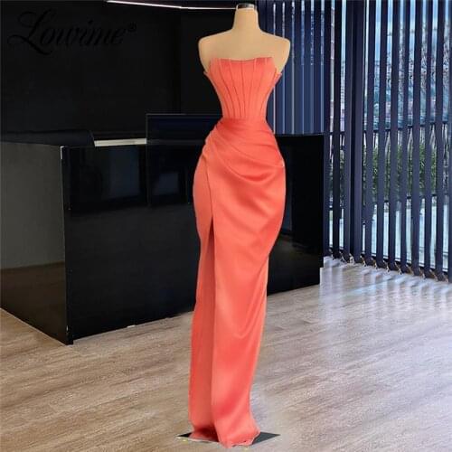 Lowime 2021 Simple Satin Evening Gown Strapless Long Party Dress For Women Arabic High Slit Mermaid Prom Dresses Robes De Soirée