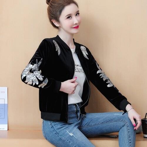Fashion Sequins Embroidered Velvet Jacket Women 2021 Autumn Bomber Long Sleeve Slim Coats Jackets Baseball Overcoat Clothes E232