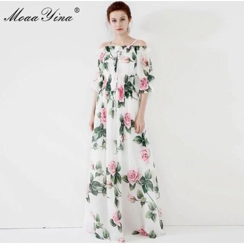 MoaaYina Fashion Designer dress Spring Summer Women Dress Rose Floral-Print Vacation Maxi Dresses