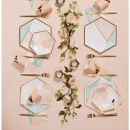 Pink Hexagonal Disposable Tableware Set Paper Tray Straw Cups Pink Mint Green For Wedding Birthday Decoration Party Supplies