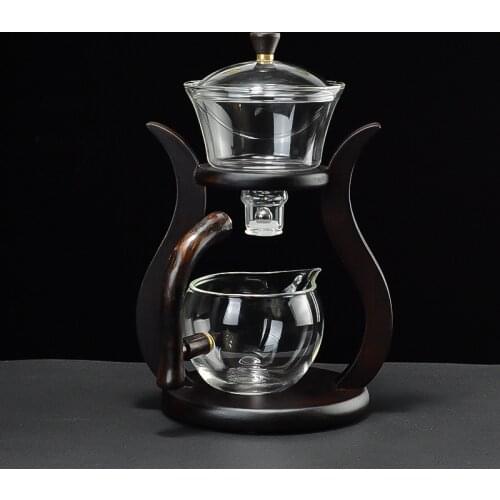 7pcs Heat-resistant Glass Teapot Set with Cup Wooden Holder Water Rotating Cover Bowl Automatic Kungfu Tea Maker Tools Set