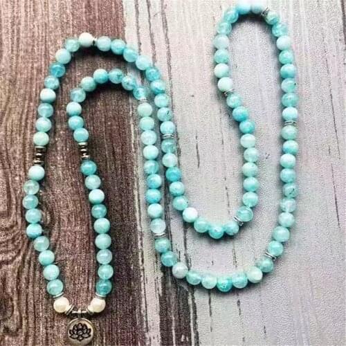 8mm Natural Blue Aquamarine 108 Bead Mala Bracelet Fancy Reiki Yoga Spirituality Cuff Handmade Chic Buddhism Meditation