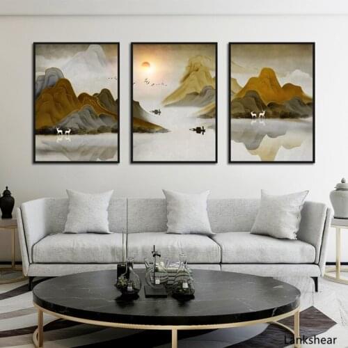 New Chinese Decorative Painting Golden Wall Art and Abstract Ink Landscape Painting Canvas Painting Home Decor For Living Room