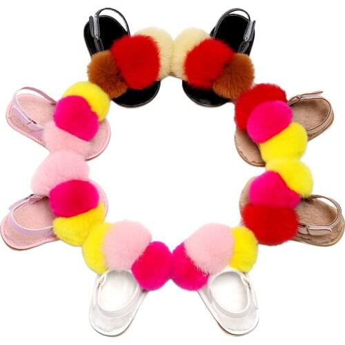 2021 New Summer Newborn Baby Girls Fur Balls Slippers 4 Colors Hook Flat With Heel Soft Cork Shoes For Baby 0-24M