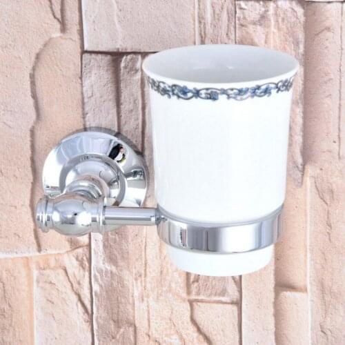 Polished Chrome Brass Single Toothbrush Holder With Ceramic Flower Cup Wall Mounted Bathroom Accessories aba789