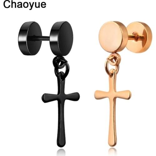Cross Earrings with Round Dumbbell Shape Stainless Steel Earrings for Men Boy Punk Hip Hop Rock Earrings Guys Ear Jewelry 1 Pair
