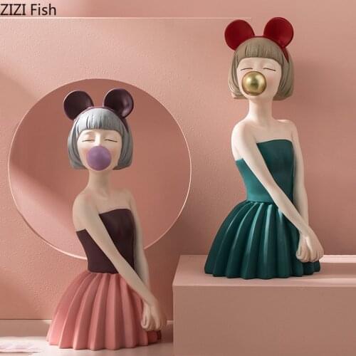 Skirt Girl Statue Blowing Bubbles Girly Sculpture Painted Character Handicrafts Ornaments Resin Figurines Living Room Decoration