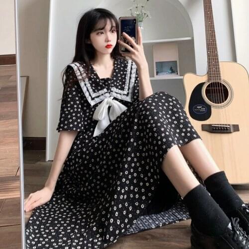 Vintage Floral Small freshDress Women Elegant Lace Chiffon Korean Party Dress Bow Navy collar Midi Dress Dresses for Women 2021