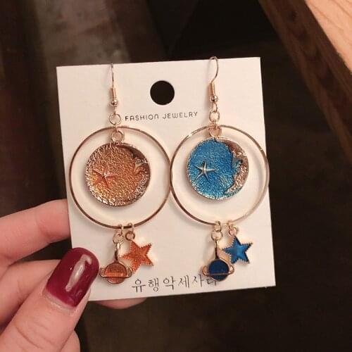 2020 New Fashion Blue Space Universe Moon Star Earrings For Women Gold Color Universe Planet Circle Long Earrings
