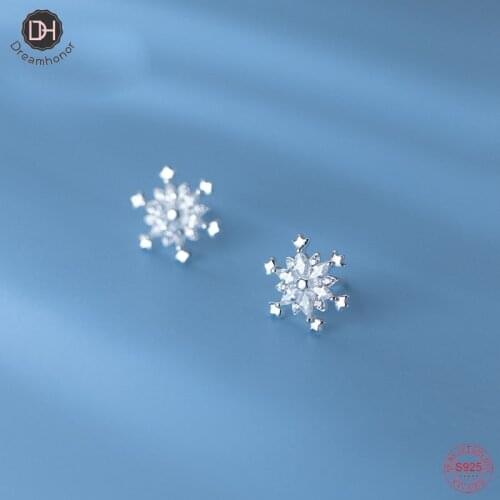 Dreamhonor 100% 925 Sterling Silver Cubic Zircon Snowflake Wedding Stud Earrings For Women Ear Jewelry