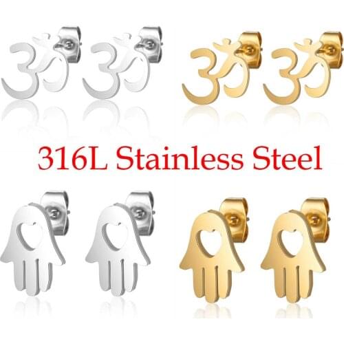 100% 316L Stainless Steel Hamsa Hand OM Yoga Stud Earring for Women Party Jewelry Ear Studs Dropshipping Gift Never Tarnish