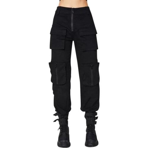 Harajuku Elastics High Waist Streetwear Fashion Women Solid Black Street Style Pockets Casual Daliy Wild Pants Trousers 2021 New