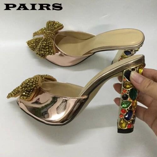 Colorful Rhinestone Chunky Heel Shoes Woman Bright Genuine Leather Peep Toe Big Crystal Butterfly-knot High Heel Slippers Women