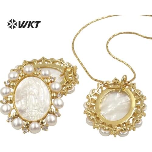 WT-JP275 Women Gorgeous Mother of pearl cubic zircon Religious pendant UK Design tiny pearl charm Virgin Mary Necklace pendant
