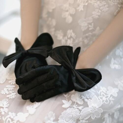 Women Sunscreen Dress Lace Elastic Spandex Satin Thin Sun Driving Gloves Female Short Bow Full Finger White Cycling Glove J44