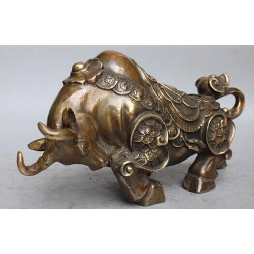 16" Chinese Bronze Wealth money 12 Zodiac Animal Copper Ox Oxen Cattle Statue