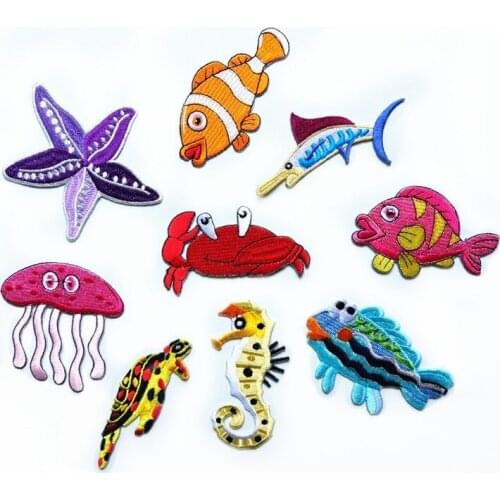 50pcs/lot Ocean World Fish Embroidery Patches Letters Clothing Decoration Accessories Diy Iron Heat Transfer Applique Clothes