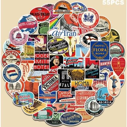 55pcs Big size European and American Retro hotel travel Stickers For Suitcase Skateboard Laptop Luggage Fridge Phone DIY Decal