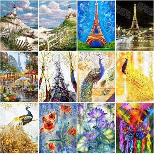 Diy Diamond Painting Beautiful Lighthouse On The Cliff Seaside Western-Style Building Tower Yellow Blue Colored Peacock Mural