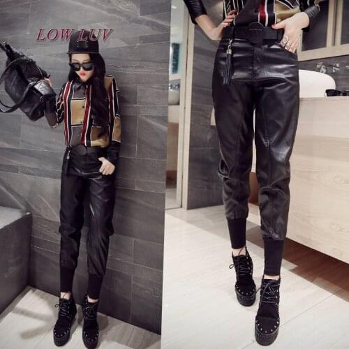 New Arrival PU Leather Pants Womens Fashion Harem Pants Casual Solid Leather Trousers Women Faux leather pants Loose Capris