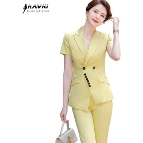 Formal Women Suits Summer Thin Yelllow Business Temperament High End Fashion Slim Blazer And Pants Office Ladies Work Wear Pink