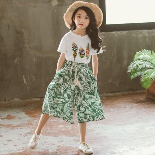 Kids Girls Sets Clothing Childrens Wide Leg Pants Fashion T-shirt Pants Two-piece Suits Girl Summer Beach Casual Leaf Clothes