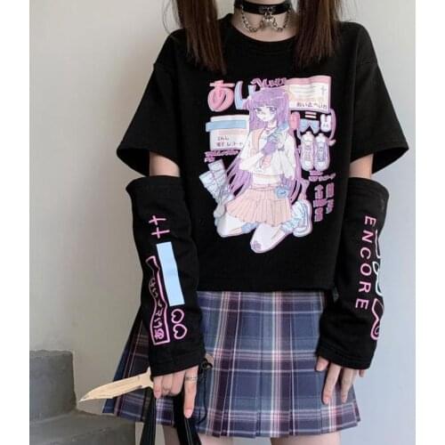 HOUZHOU Anime Harajuku Oversized T-shirt Women Kawaii Patchwork Short Sleeve T-shirts Gothic Tops Japanese Streetwear E Girl