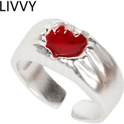 LIVVY Red Heart-Shape Silver Color Opening Adjustable Wide Ring For Woman Retro Fashion Creative Finger Jewelry Party Gifts