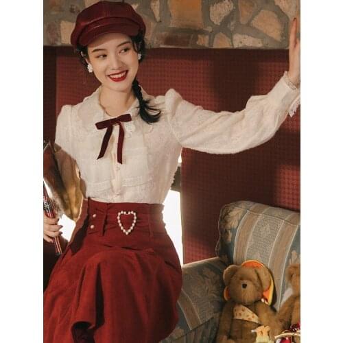 2021 French style retro suit round neck lace embroidered Ruffle sleeve shirt large swing skirt two-piece set elegant daily suit