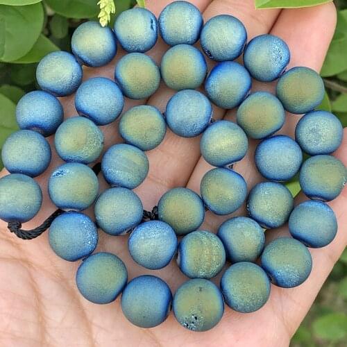 Frosted Green Metallic Coated Druzy Agates Onyx Natural Stone Loose Mineral Spacer Beads For Jewelry Making Diy Bracelet 15"Inch