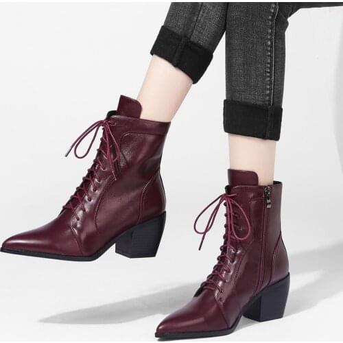 Fashion winter microfiber cross tied martin boots Women pointed toe chunky heel ankle boots Solid zipper motorcycle boots