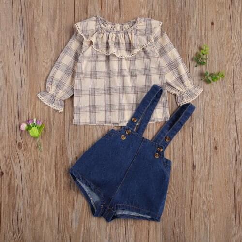 0-24M Newborn Baby Girls Clothes Sets 2pcs Floral/Plaid Peter Pan Collar Long Sleeve Tops Denim Overalls Shorts