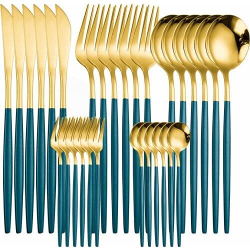 Forks Spoons Knifes Dinner Set Kitchen Tableware 18/10 Stainless Steel Cutlery Set 30Pcs Western Gold Dinnerware Set Flatware