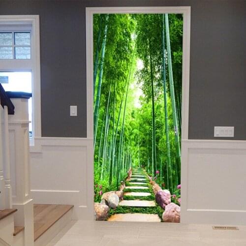 Door Sticker Green Forest Nature Landscape Living Room Bedroom Wallpaper Pvc Self-Adhesive Home Decor Door Decals Wall Stickers