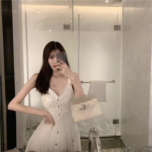 C2242 2019 summer new women fashion sweet single-breasted v-neck white slim fairy dress cheap wholesale