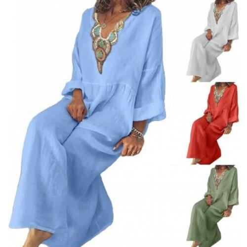 Fall Womens Loose Fit Casual Maxi Dress Printing Long Sleeve Kaftan Robe S-5XL D