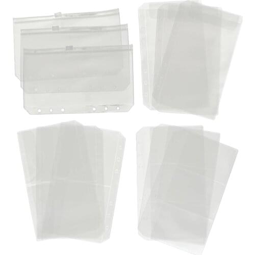 12Pcs Clear PVC Binder Pockets Zipper Folder Fit for 6 Rings Notebook Documents Cards Collection Bag