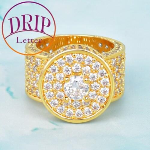 Round Head Ring Gold Color Cubic Zircon 18 K Copper Charm For Men Hip Hop Jewelry