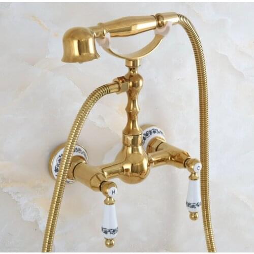 Luxury Polished Gold Color Brass Wall Mounted Bathtub Faucet with Handheld Shower Set +1500MM Hose Mixer Tap 2na839